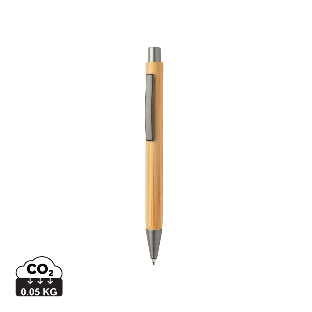 Stylo en bambou personnalisé au design épuré Marron et Argent
